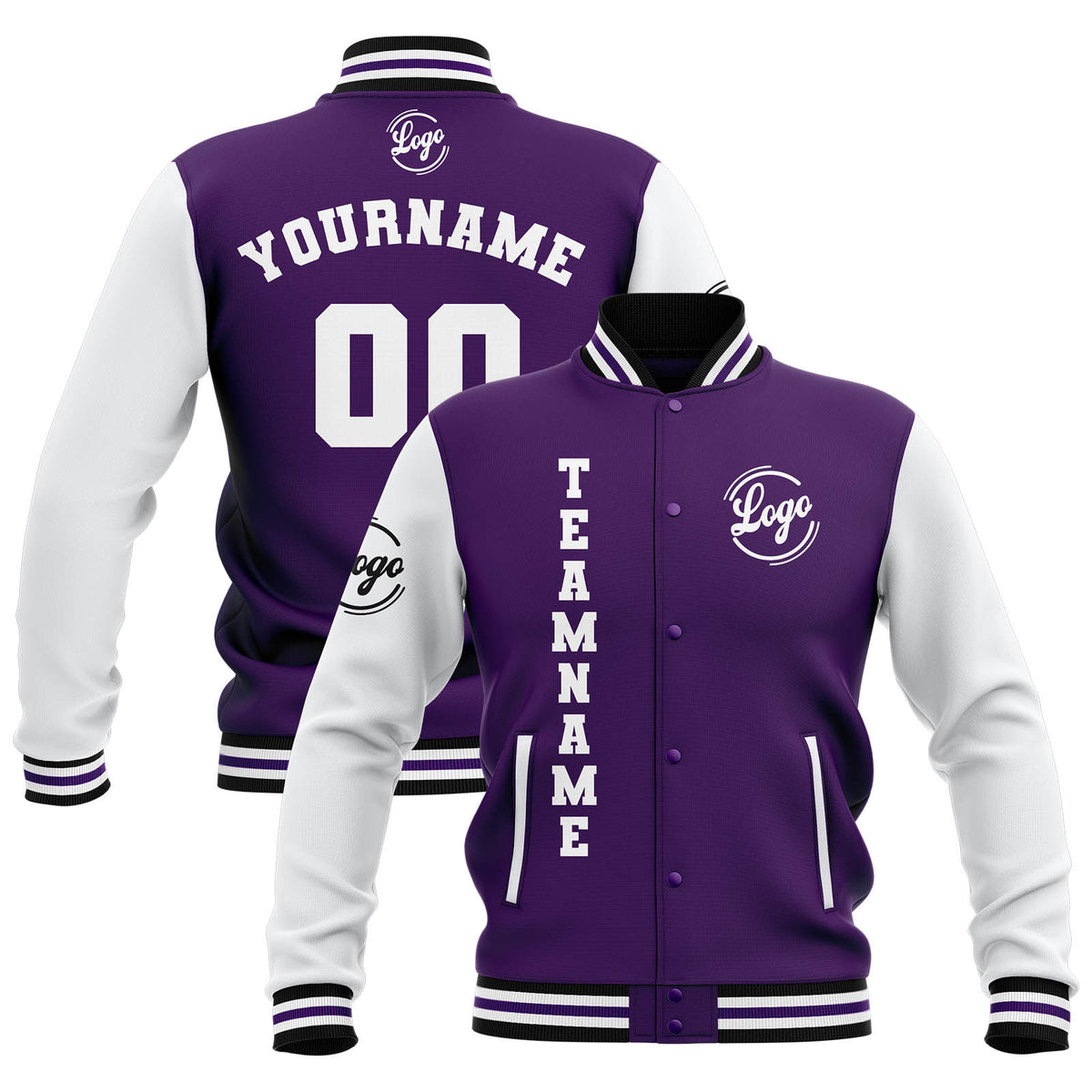 Custom Purple White Black Waterproof Varsity Jackets Personalized Stitched Name Number Logo to Letterman Jackets