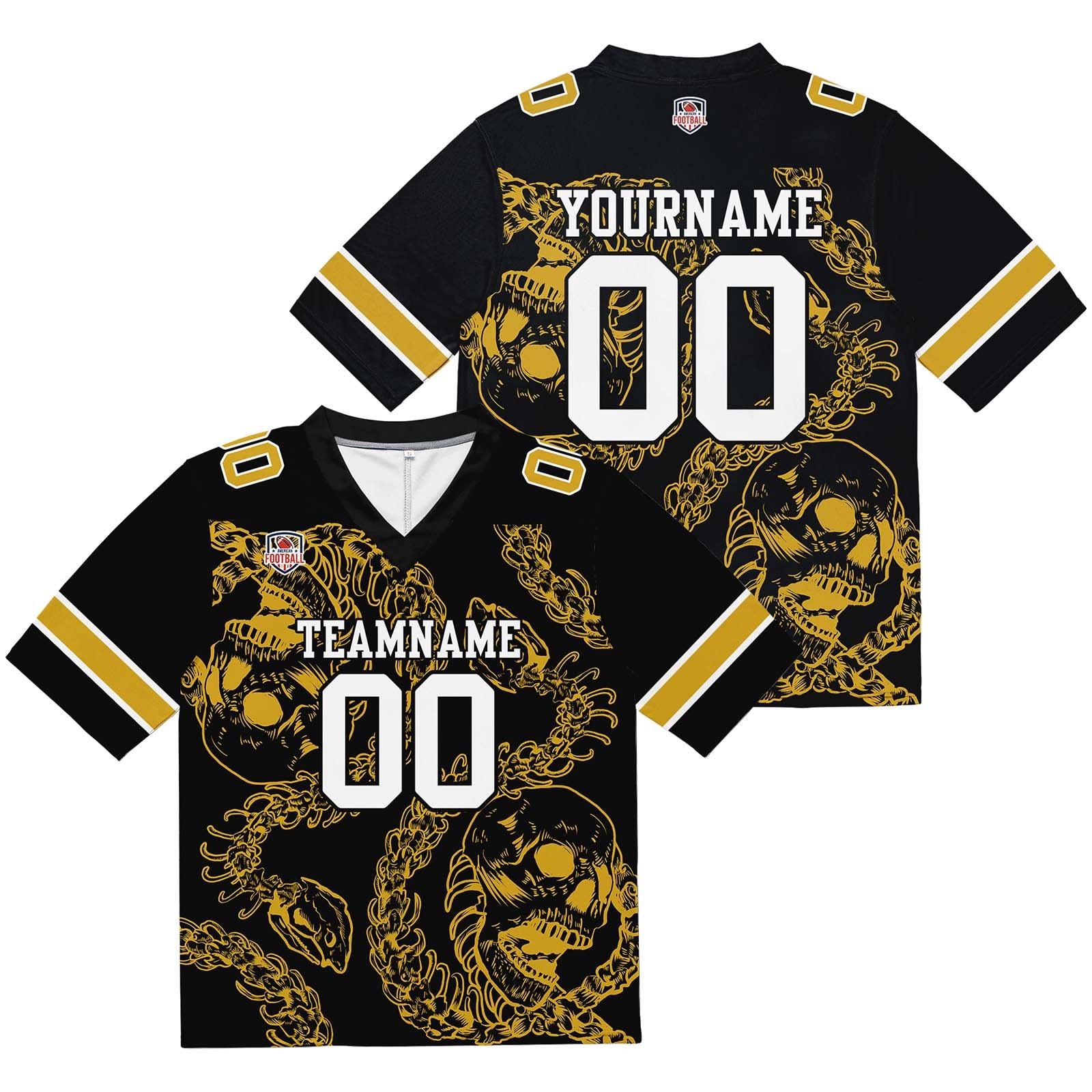 Custom Football Jersey Shirt Personalized Stitched Printed Team Name Number Bones-Gold