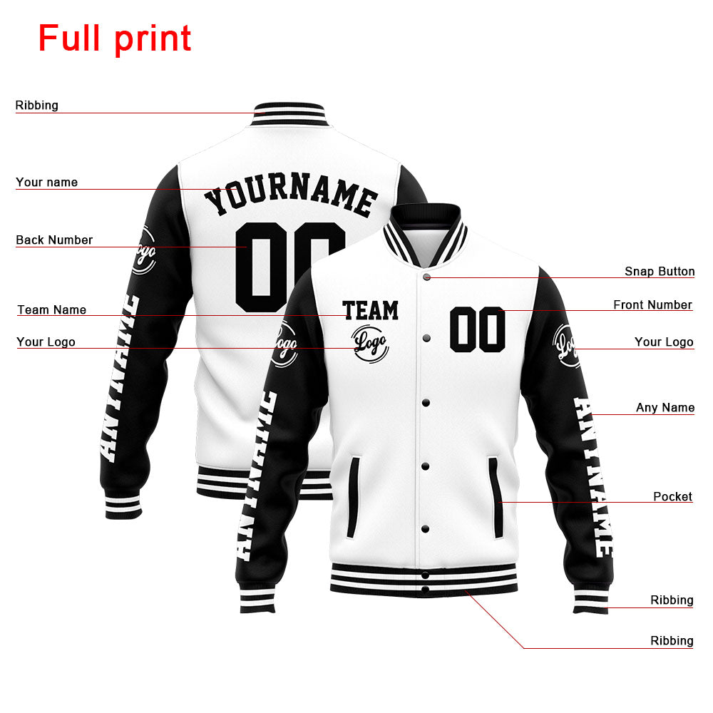 Custom Varsity Jacket Letterman jacket for Men, Women and Youth White Black