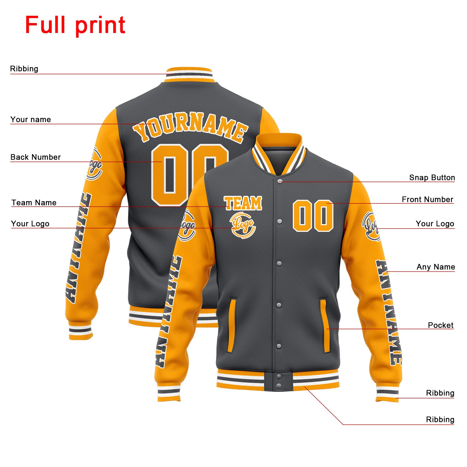 Custom Varsity Jacket Letterman jacket for Men, Women and Youth Grey Yellow