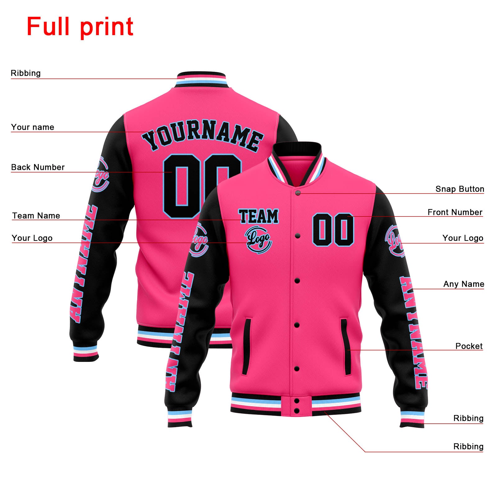 Custom Varsity Jacket Letterman jacket for Men, Women and Youth Pink Black