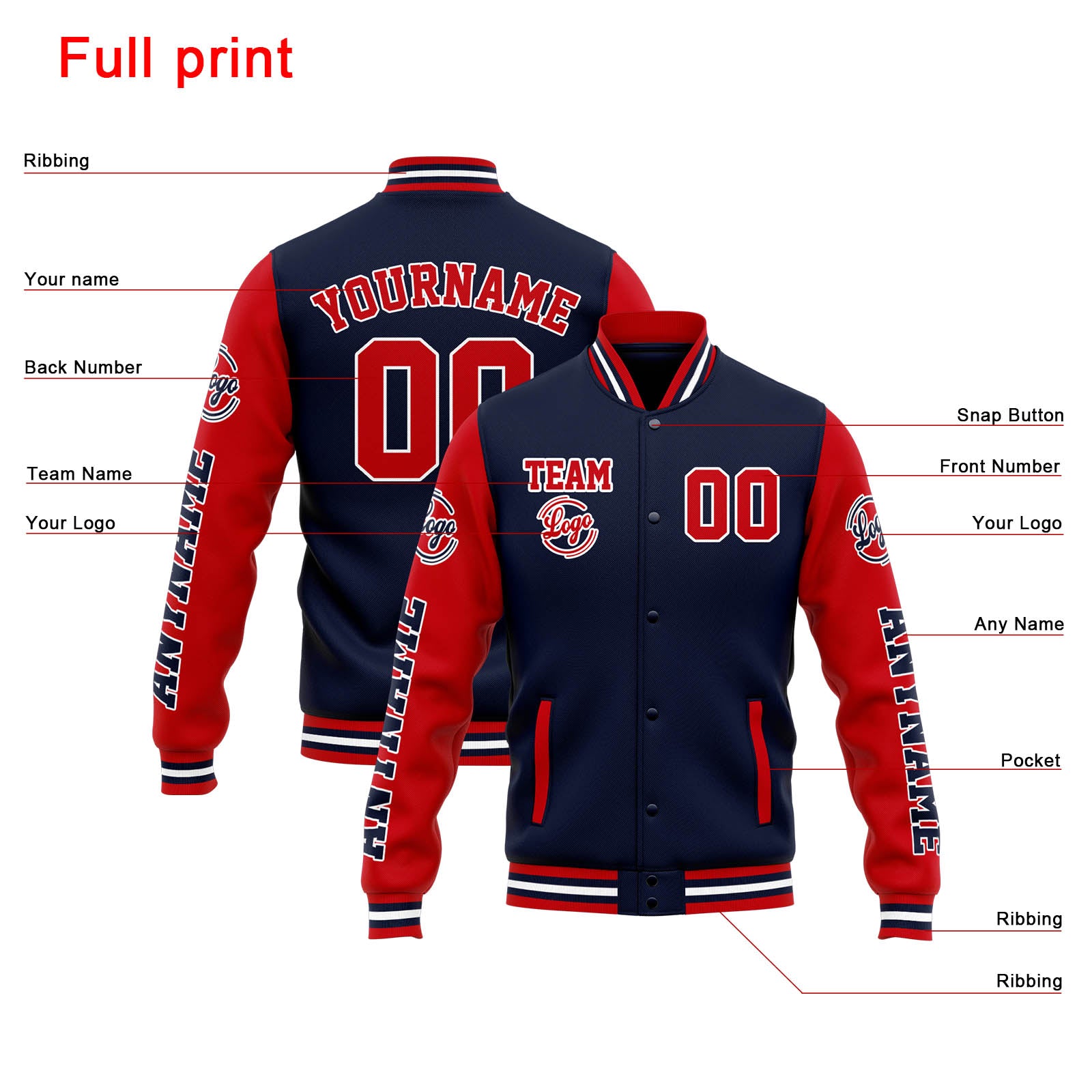 Custom Varsity Jacket Letterman jacket for Men, Women and Youth Navy Red