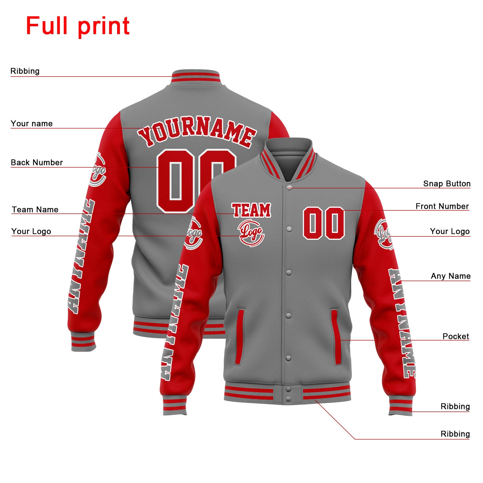 Custom Varsity Jacket Letterman jacket for Men, Women and Youth Grey Red