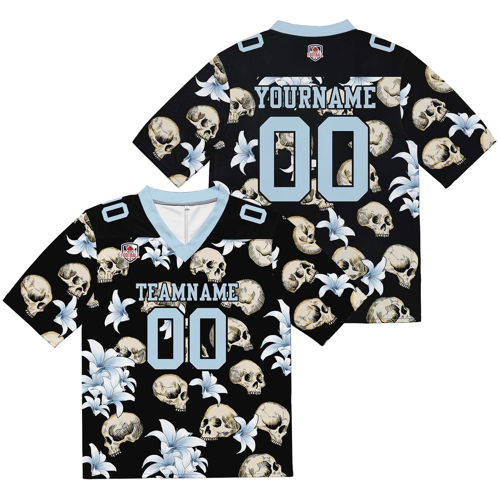 Custom Football Jersey Shirt Personalized Stitched Printed Team Name Number Skull-Light Blue