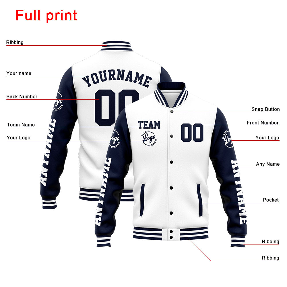 Custom Varsity Jacket Letterman jacket for Men, Women and Youth Navy White