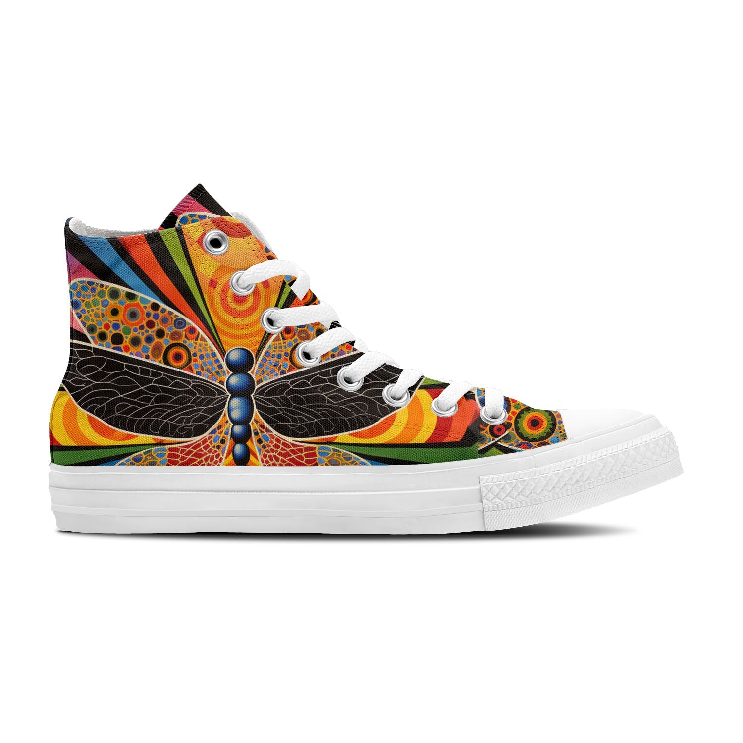 Artistic Flight: Central-High Canvas Shoes featuring Op Art Dragonfly Illustrations – Elevate Your Fashion Game for Both Genders