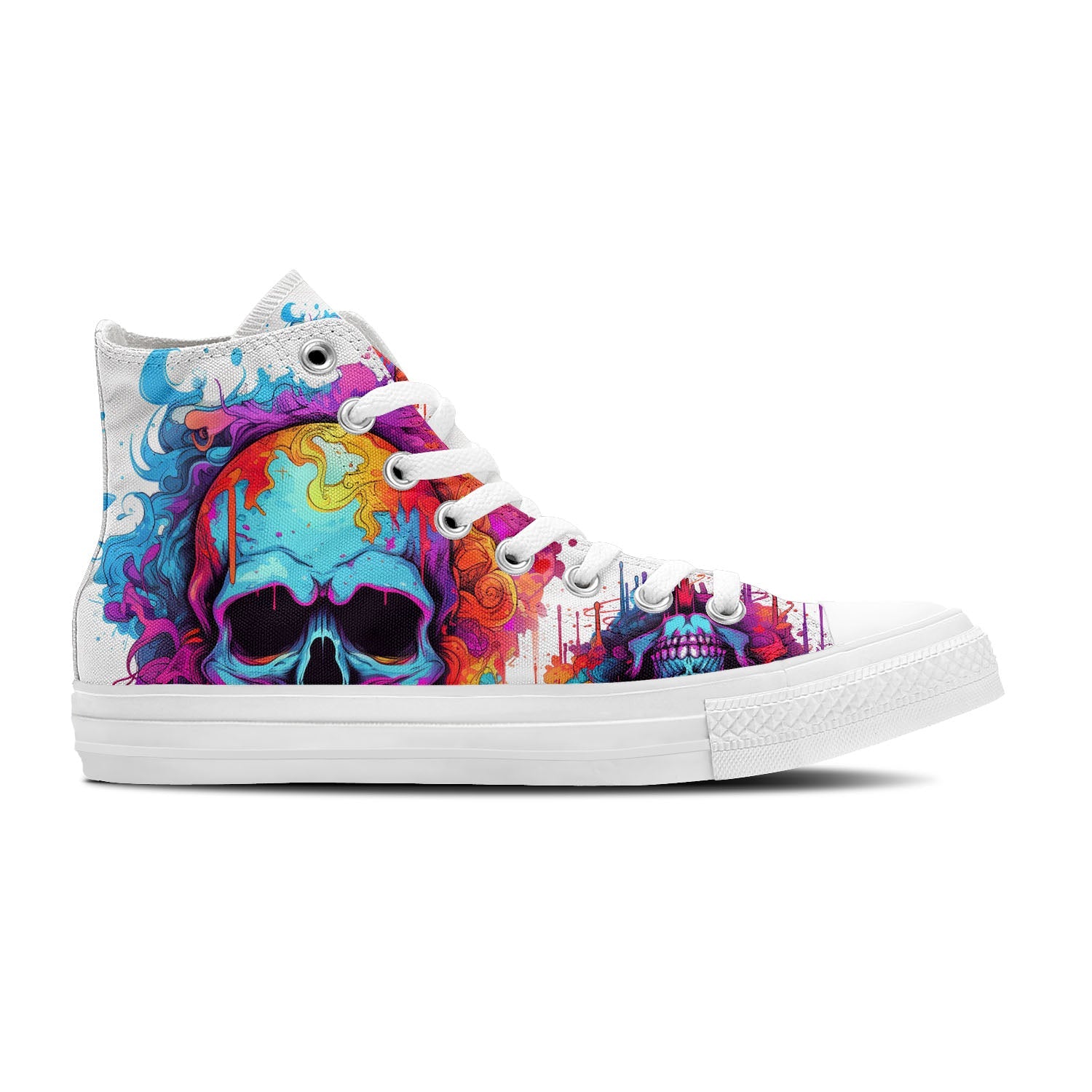 Chromatic Macabre: Unleash the Power of Fashion Rebellion with Men and Women's Mid-Top Canvas Shoes - Skull Artistry Meets Pencil Chic in a Vivid Palette of Style