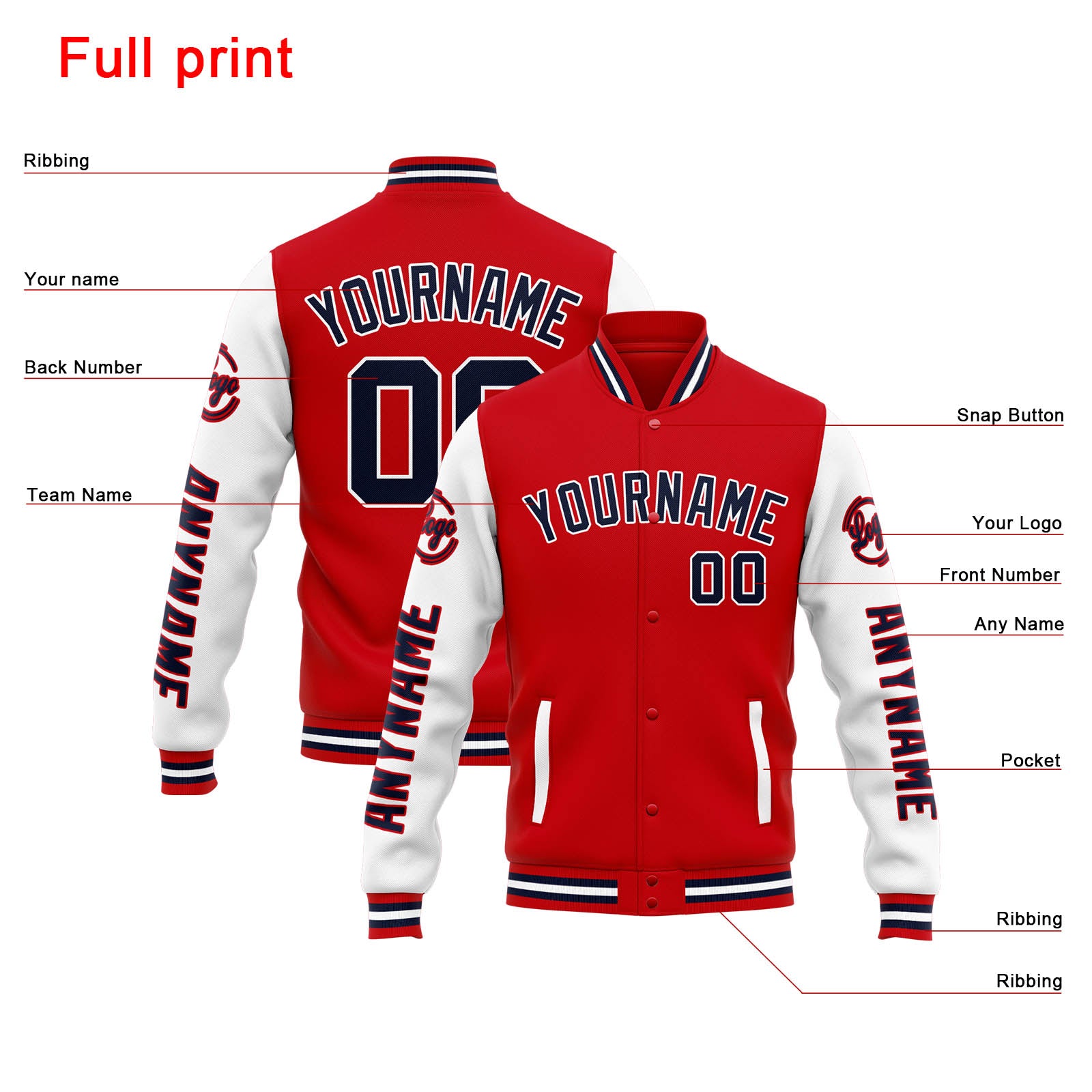 Custom Varsity Jacket Letterman jacket for Men, Women and Youth Red White