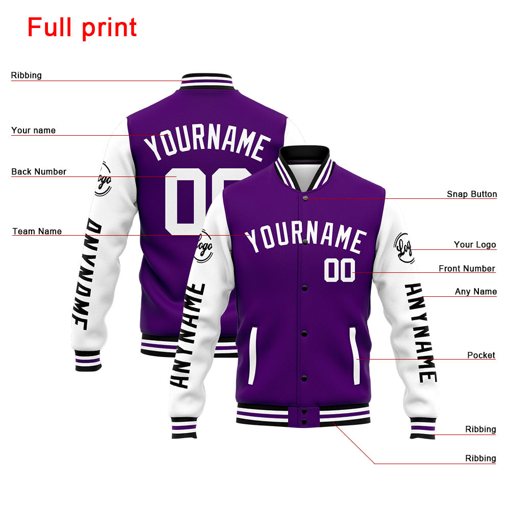 Custom Varsity Jacket Letterman jacket for Men, Women and Youth Purple White