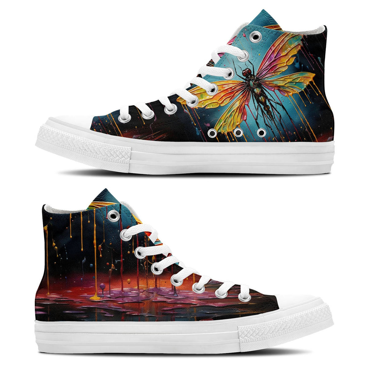 Abstract Elegance: Men and Women's Mid-Top Canvas Shoes - Explore the Fusion of Art and Fashion with Dripping Art Dragonfly Imagery