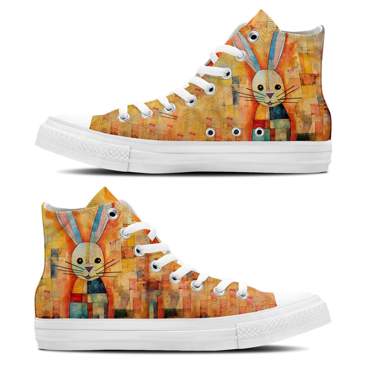 Abstract Hops: Dive into a World of Artistry with Men and Women's Mid-Top Canvas Shoes - Rabbit Prints Transforming Each Step into an Abstract Expression of Lagomorph Beauty