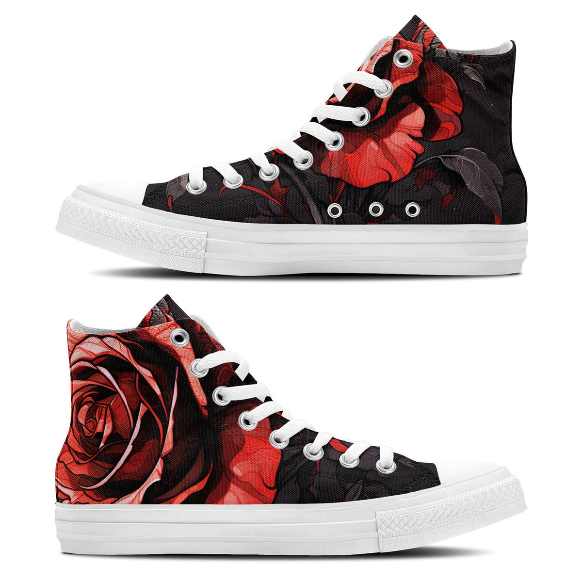 Crimson Shadows: Embrace the Dark Elegance of Red Roses in Our Mid-Top Canvas Shoes