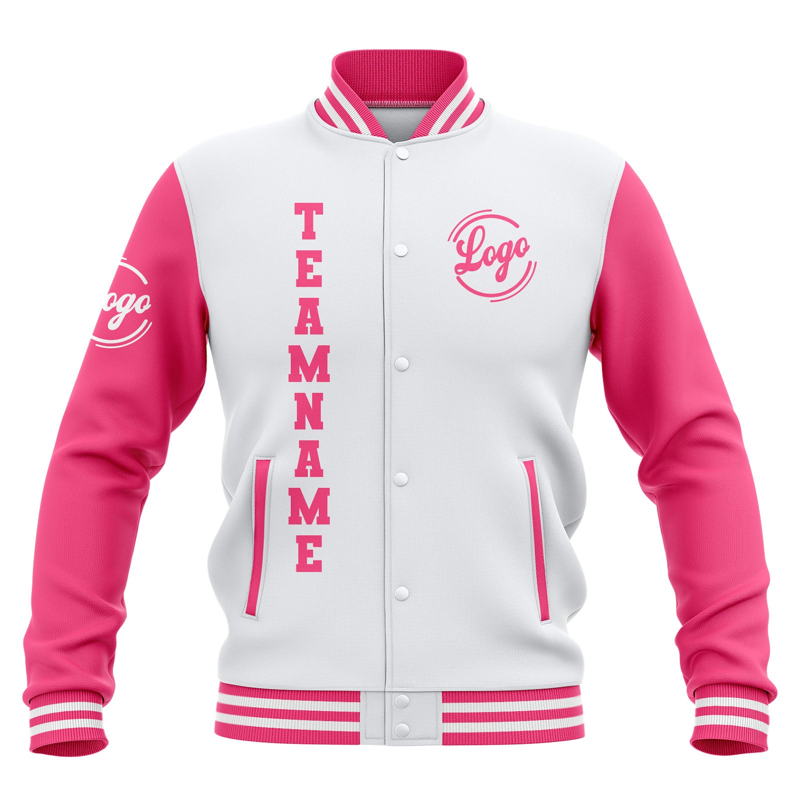 Custom White Pink Waterproof Varsity Jackets Personalized Stitched Name Number Logo to Letterman Jackets