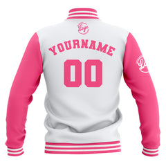 Custom White Pink Waterproof Varsity Jackets Personalized Stitched Name Number Logo to Letterman Jackets