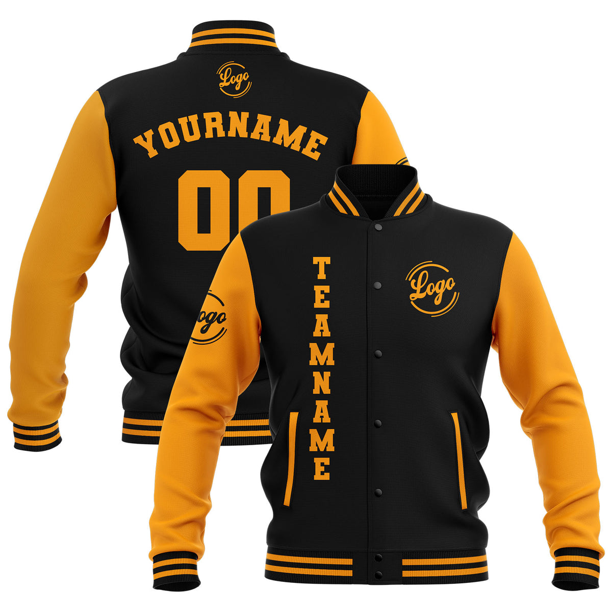 Custom Black Yellow Waterproof Varsity Jackets Personalized Stitched Name Number Logo to Letterman Jackets