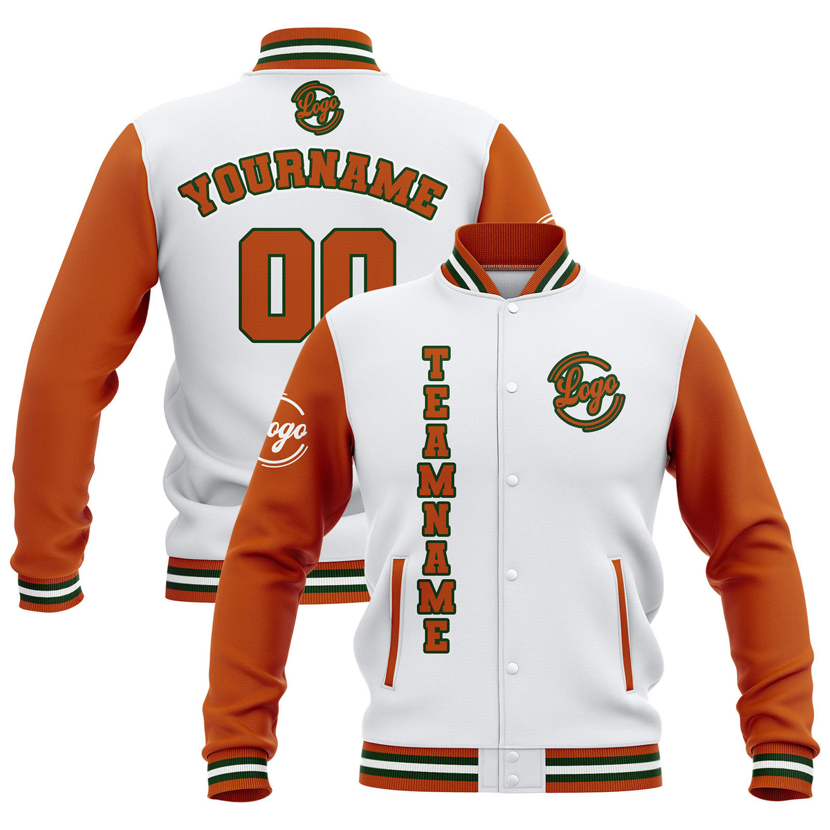 Custom White Orange Waterproof Varsity Jackets Personalized Stitched Name Number Logo to Letterman Jackets