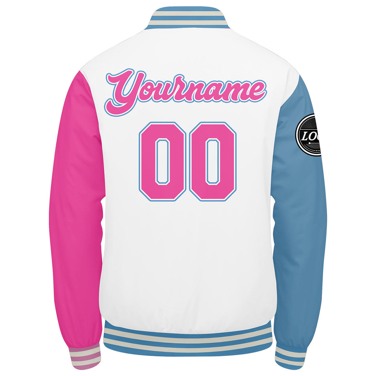 Custom Varsity Jacket Letterman jacket for Men, Women and Youth White Light Blue Pink