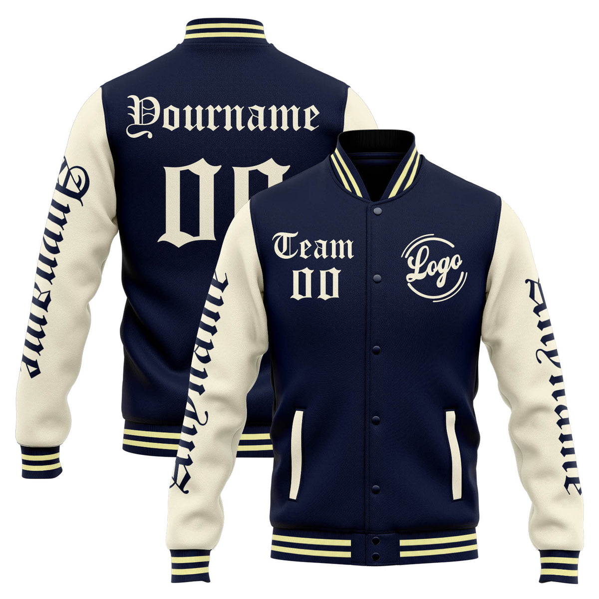 Custom Varsity Jacket Letterman jacket for Men, Women and Youth Navy Cream